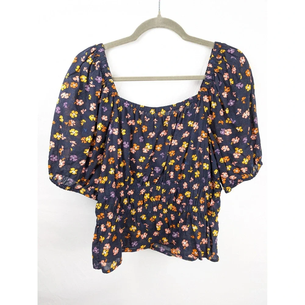 Ditsy Floral Smocked Puff Sleeve Peasant Top Sz M Navy Cottagecore Prairie Boho